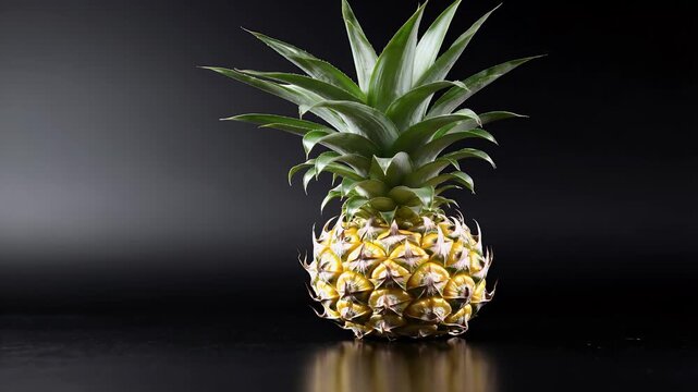 close up 4k footage mini Chiangrai Phulae pineapple exotic organic displayed black background highlighting vibrant texture color nutritious qualities culinary tropical health focused stock content