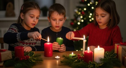 Three children lighting Advent candles at Christmas