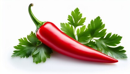 vibrant red chili peppers and fresh parsley leaves isolated on white background create a spicy and aromatic culinary delight