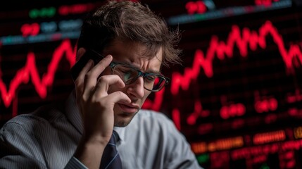 A businessman talking on the phone cries and covers his face with his hand as he looks at the rising stock market chart in front of him. Generative AI