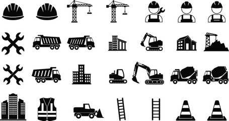 Construction equipment and worker icons collection with cranes, helmets, trucks, buildings, and safety tools, industrial engineering and architecture vector illustration design © Shahajan