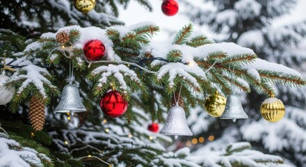 Snow covered Christmas tree branch with ornaments