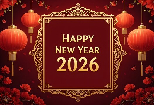 Festive Chinese New Year 2026 Greeting Card Design with Traditional Lanterns and Floral Accents on Deep Red Background