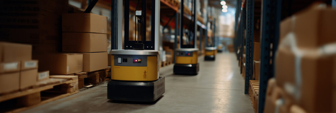 A row of automated logistic robots maneuver through a modern warehouse, reflecting advancements in technology and efficiency in supply chain management and operations.