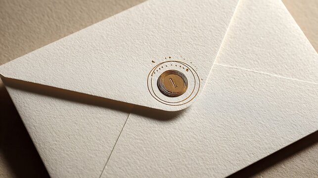 Elegant cream envelope with golden wax seal detail and texture - Powered by Adobe