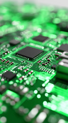 Obraz premium Macro view of green electronic circuit board with microchips. 