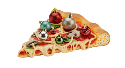 Festive Pizza Slice Topped with Ornaments and Melted Cheese for Christmas Celebration