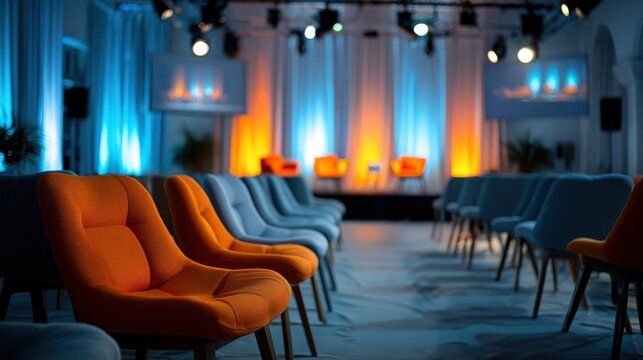 A vibrant event space featuring rows of colorful chairs and dramatic lighting, creating an inviting atmosphere for gatherings or presentations.
