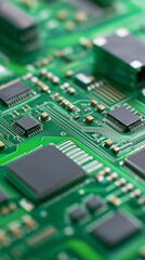 Macro view of green electronic circuit board with microchips.
