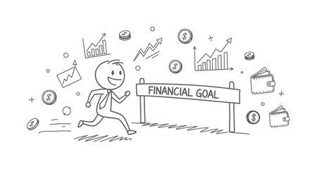 Obraz premium Achieving Financial Goals A Stick Figure's Race Towards Success, Envisioning Growth, Investments, and the Pursuit of Wealth and Prosperity in the Long Run for Future Security