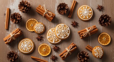 Festive winter holiday cookies with cinnamon sticks, orange slices, anise and pine cones arranged on wood surface