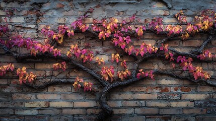 Autumnal ivy on an old brick wall displaying vibrant fall colors