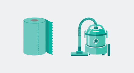 Vector illustration of a roll of paper towel and a vacuum cleaner, representing cleaning and household chores
