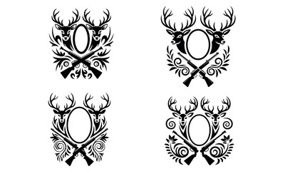 Vintage hunting club emblems with deer antlers rifles and ornate crest design
