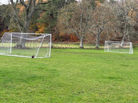 Empty football goals stand on a green field surrounded by leafless autumn trees. The scene feels calm and quiet, with a mix of green grass and golden woodland hues creating a peaceful contrast.