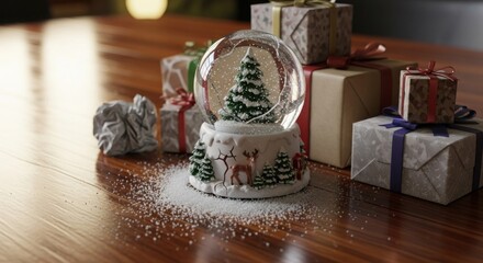 Snow globe with Christmas tree inside and wrapped gifts on a wooden table