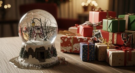 Festive Christmas presents and a snow globe on a table