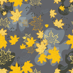 Seamless pattern of yellow maple leaves in a puddle on asphalt. The beauty of autumn nature. Vector illustration.