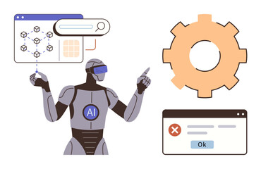 Robot with AI emblem interacts with interface elements, data flow diagrams, error popup, and cogwheel gear. Ideal for AI systems, automation, data science, error handling, robotics tech education