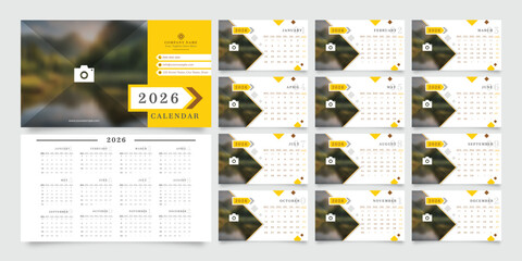 Comprehensive 2026 desk calendar template: Modern, clean design with yellow accents, geometric shapes and spaces for company branding, contact details and photos.
