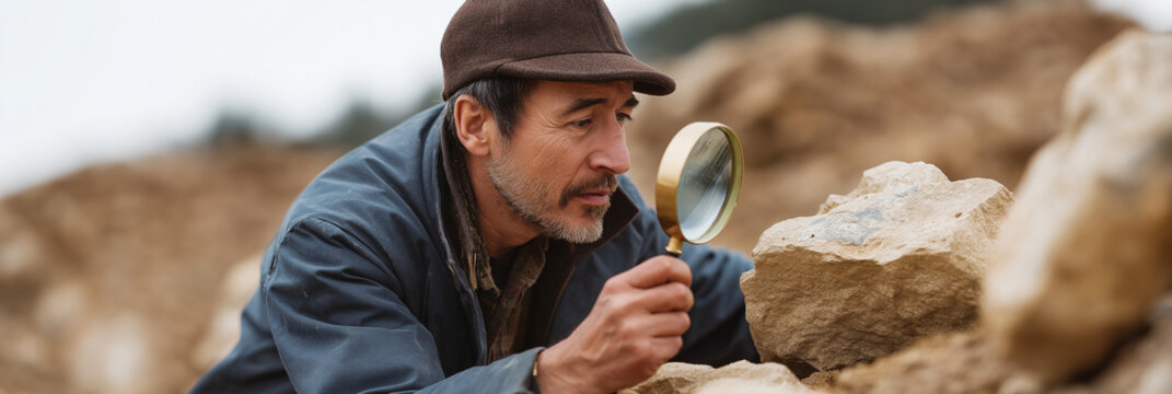 A focused man using a magnifying glass to examine rocks in a rugged outdoor setting, emphasizing exploration and discovery in nature, natural geology, and science. - Powered by Adobe
