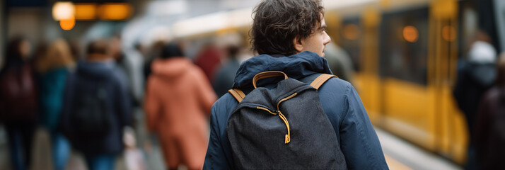 A young man standing at a busy train station, backpack slung over his shoulder, amidst a crowd of commuters, representing travel, exploration, and the excitement of urban life.