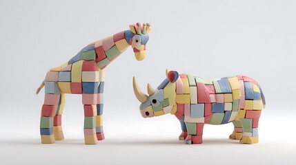 Colorful block giraffe and rhinoceros toy figures together