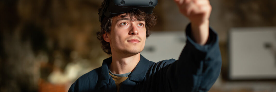 A focused young man wearing a VR headset, gesturing in an immersive lab environment, embodying innovation, technology, and the connection between digital and physical worlds.