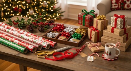 Christmas gift wrapping supplies with gift boxes, wrapping paper and tree in background