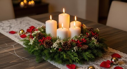 Advent wreath with four burning candles and holiday decorations on the table