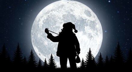 Santa Claus silhouette with full moon background and Christmas trees