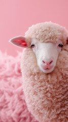 Fluffy sheep with curly wool standing on pink background.
