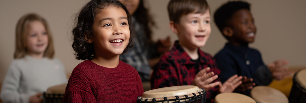 A joyful group of children plays drums while clapping, expressing happiness and the importance of music and collaboration in their lives and development.