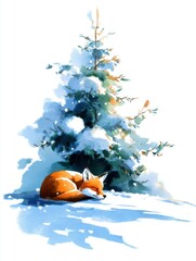 Fototapeta premium Watercolor illustration of fox sleeping in snow below the christmas tree.