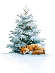 Fototapeta premium Watercolor illustration of fox sleeping in snow below the christmas tree.