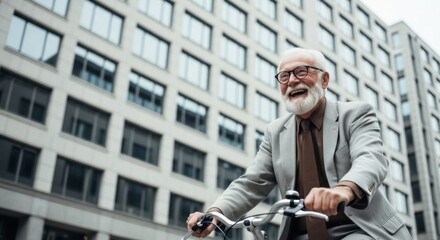 Urban Explorer: A distinguished elder, beaming with joy, navigates the city streets on a bicycle. The cityscape provides a backdrop to his youthful vigor.