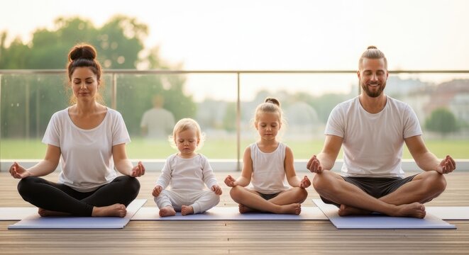 Family in Meditative Harmony: A serene family practices yoga and meditation together outdoors, creating a harmonious and peaceful scene emphasizing unity and wellness.
