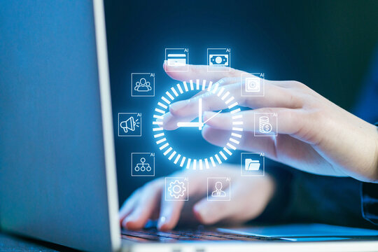 Person interacting with a digital interface on a laptop, showing various technology and time-related icons