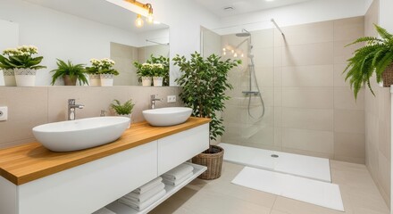 Modern Bathroom Design: A beautifully designed modern bathroom showcasing a minimalist aesthetic, featuring a double vanity, a sleek shower.