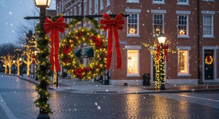 Decorated street with red ribbon bows and wreath for Christmas holiday celebration