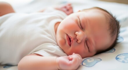 Serene Slumber: A peaceful infant sleeps soundly on a soft patterned blanket. The scene is bathed in a gentle light.