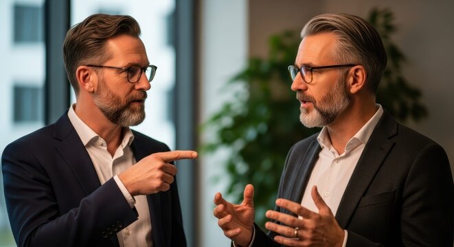 Business Discussion: Two businesspeople in suits engage in a focused discussion, gesturing and making a point in a modern office environment.
