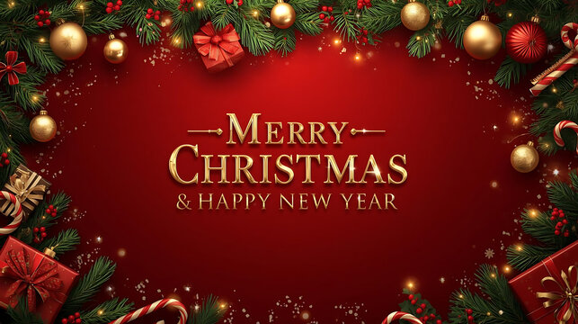 Ucapan Natal dan Tahun Baru di Latar Merah dengan Hiasan Pohon dan Kado for flayers, banners, backgrounds, greetings, text space