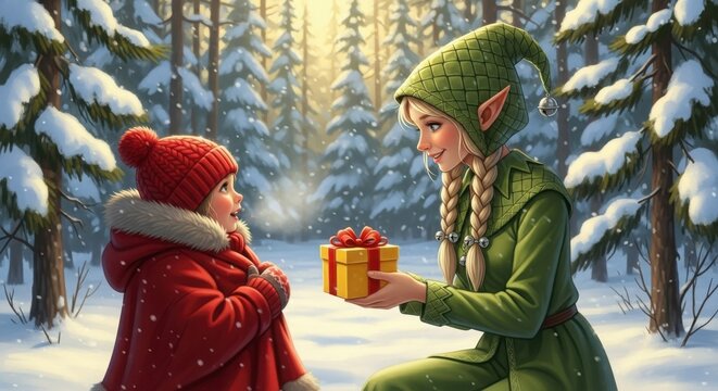 Elf offering a wrapped gift to a little girl in a snowy winter forest - Powered by Adobe