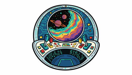 Retro Space Console Cockpit with Joysticks Viewing Psychedelic Planets - Vector Illustration