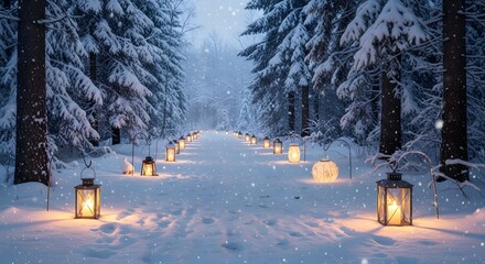Enchanting winter forest path illuminated by glowing lanterns on a snowy evening