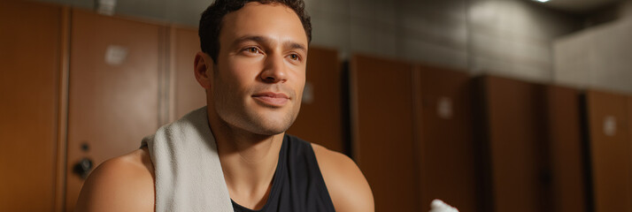 A focused athlete sits in a contemporary locker room, contemplating his upcoming performance, capturing the essence of determination and dedication in sports.