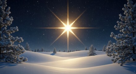 Bright star shines over a snowy winter landscape at night