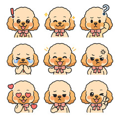 A set of cute anime dogs illustrations in various clothes doing different activities with different expressions. Stickers or badges.Poodle