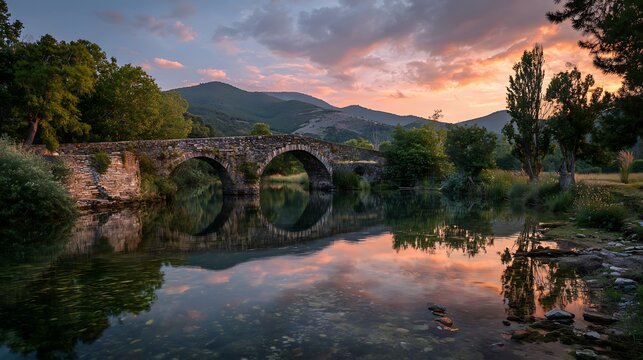 Ancient stone bridge reflecting in river at vibrant sunset sky